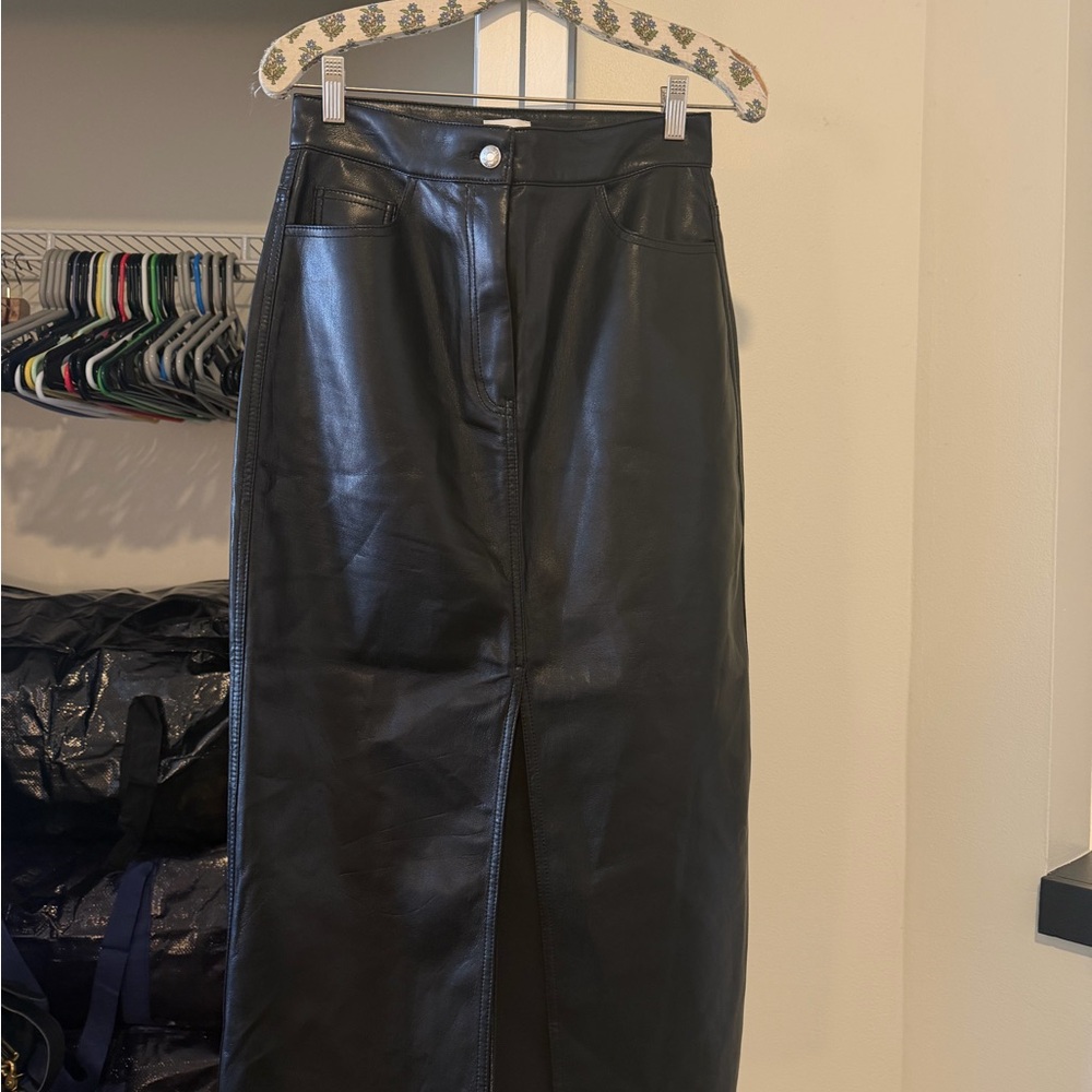 Aritzia Wilfred Black Faux Leather Midi Pencil Skirt with Front Slit